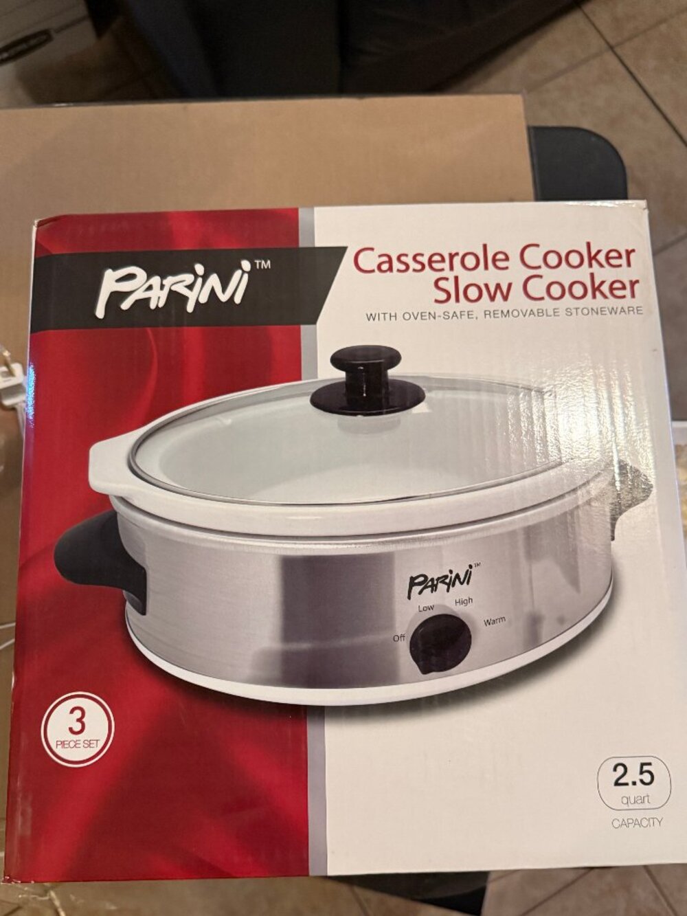 Parini 2.5 Qt Slow Cooker Stainless Steel Oven-Safe Stoneware Glass Lid